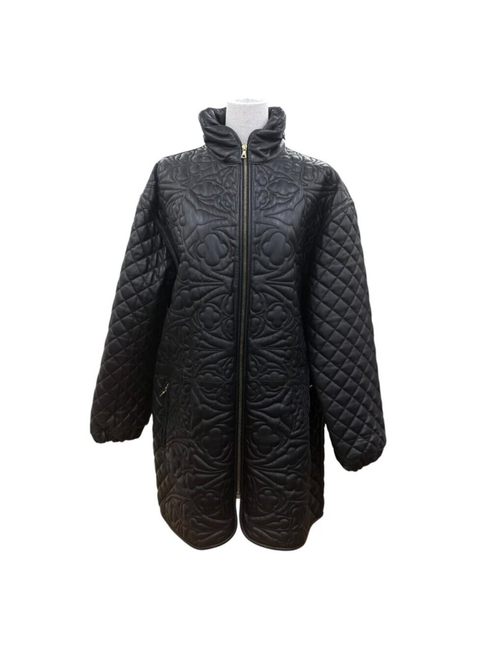 Loewe Long Length Zip UP All Over Print Design Quilted Leather Coat Black 42